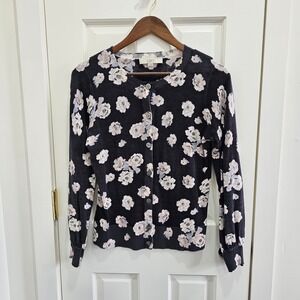 LOFT Womens Navy Floral Print Button Front Cardigan Sweater Size S
